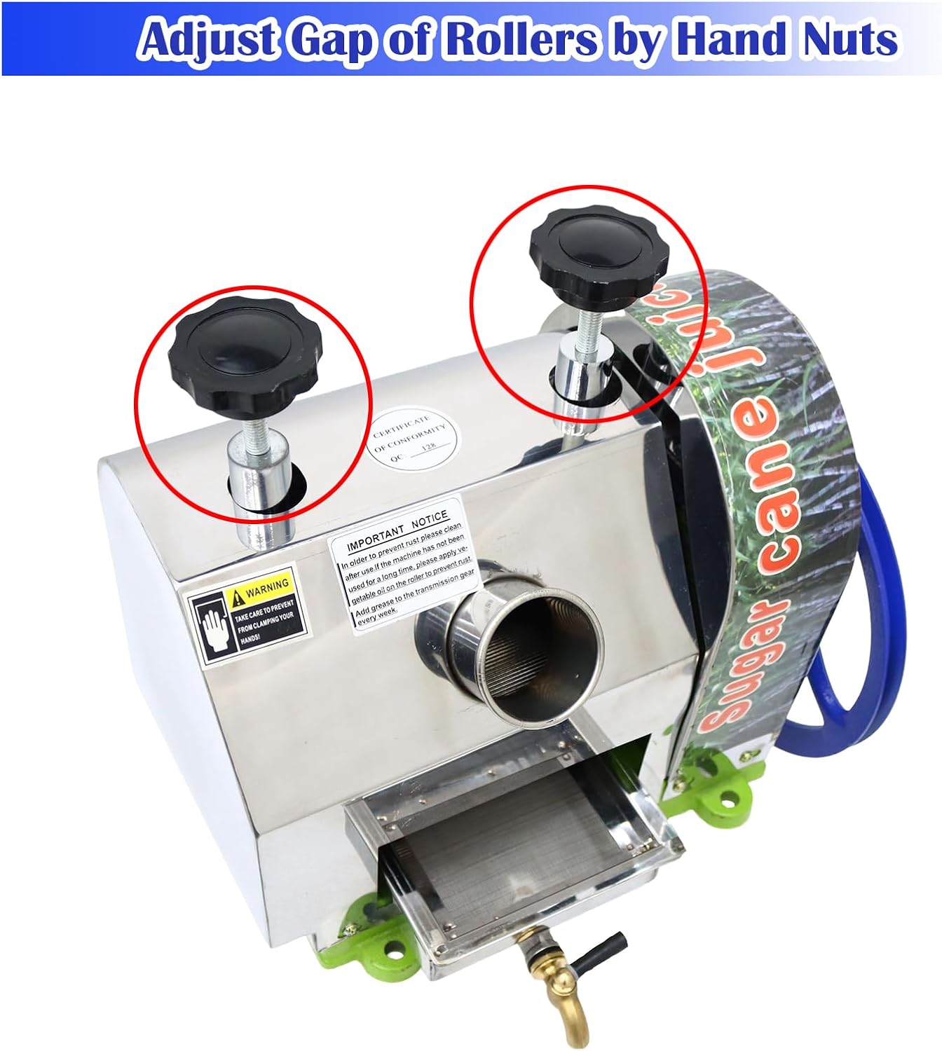 INTBUYING Manual Sugarcane Juicer Sugarcane Press Machine Sugarcane Juice Extractor W/3 Rollers for Sugar Cane Squeezer Juicer Machine 2 Paring Knives Stainless Steel Filter Faucet Handwheel