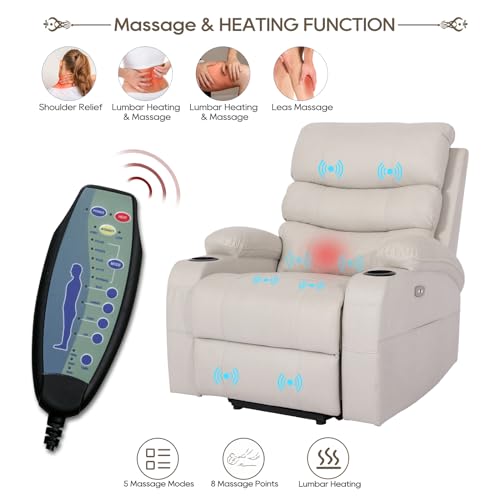 Power Lift Recliner Chair, Electric Lift Chair with Massage and Heat for Elderly, Technical Fabirc Lift Recliner Sofa for Seniors, Side Pockets,Cup Holders, USB Ports, Remote Control(Cream)
