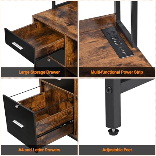 File Cabinet with Charging Station, 3 Drawer Filing Cabinet with Bookshelf, Large Printer Stand with Open Storage Shelves for Home Office, Locking File Cabinets Fits Letter/A4 Size, Brown