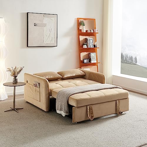 Convertible Sleeper Sofa Chair 3 in 1 Pull-Out Bed, Velvet Loveseat Twins SofaBed for Living Room, Bedroom, Balcony, RV, A-Khaki