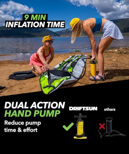 Driftsun Almanor Inflatable Kayak - Inflatable Touring Kayak - Inflatable 1 and 2 Person Kayaks for Adults with EVA Padded Seats, High Back Support, Paddles, Pump (1 Person, 2 Person, 2 Plus 1 Child)