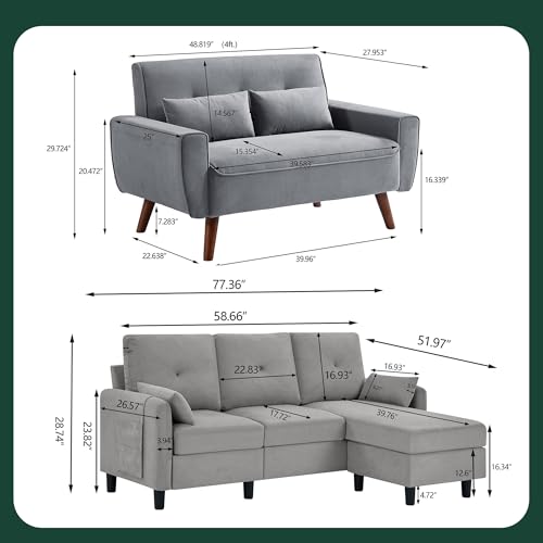 77" Convertible Sectional Sofa Set, Small L Shaped 3-Seat Couch with Reversible Chaise and Loveseat Sofa, Modern Linen Sofas Couches for Living Room, LightGrey