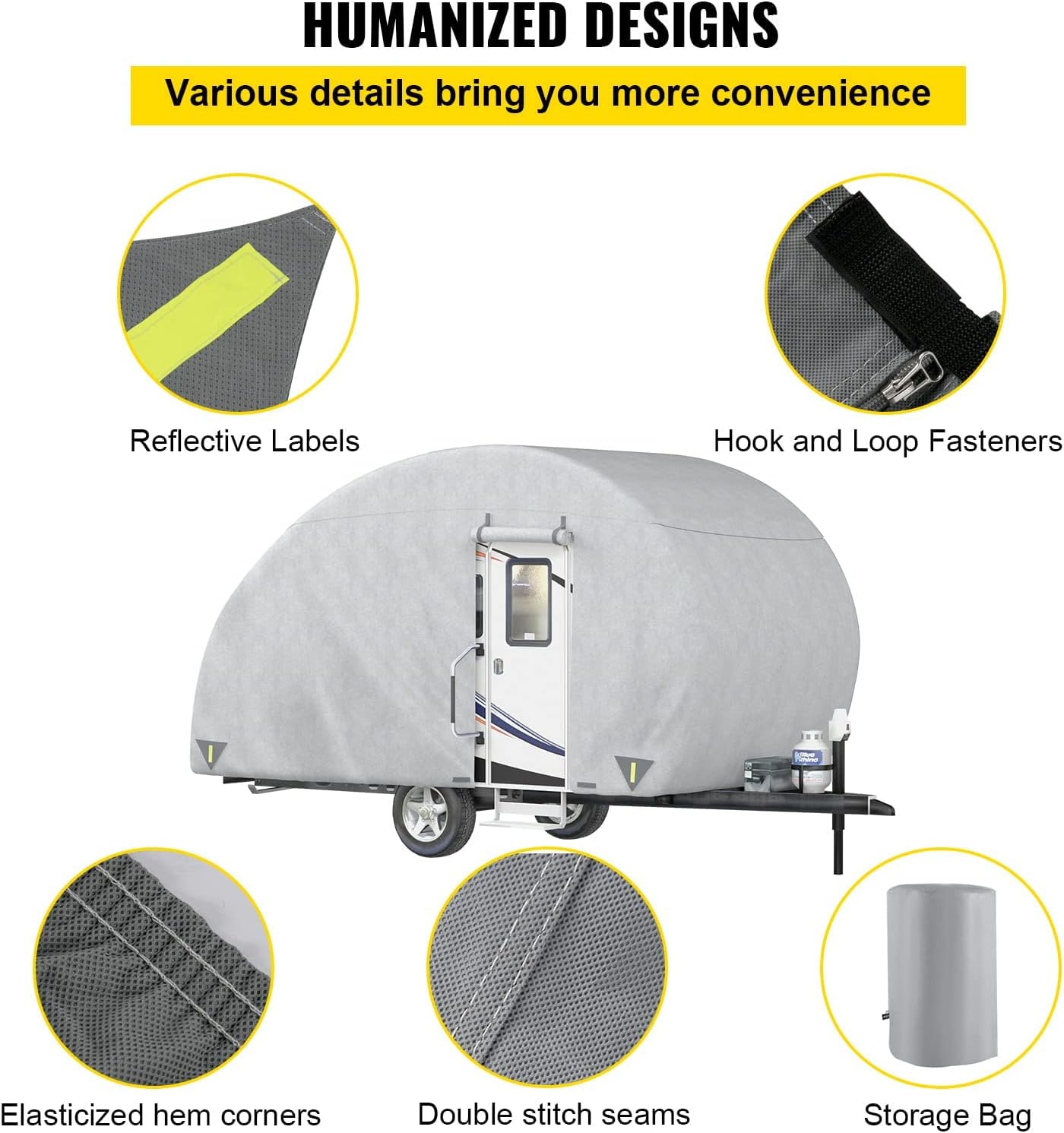 VEVOR Teardrop Trailer Cover, Fit for 8' - 10' Trailers, Upgraded Non-Woven 4 Layers Camper Cover, UV-proof Waterproof Travel Trailer Cover w/ 2 Wind-proof Straps and 1 Storage Bag