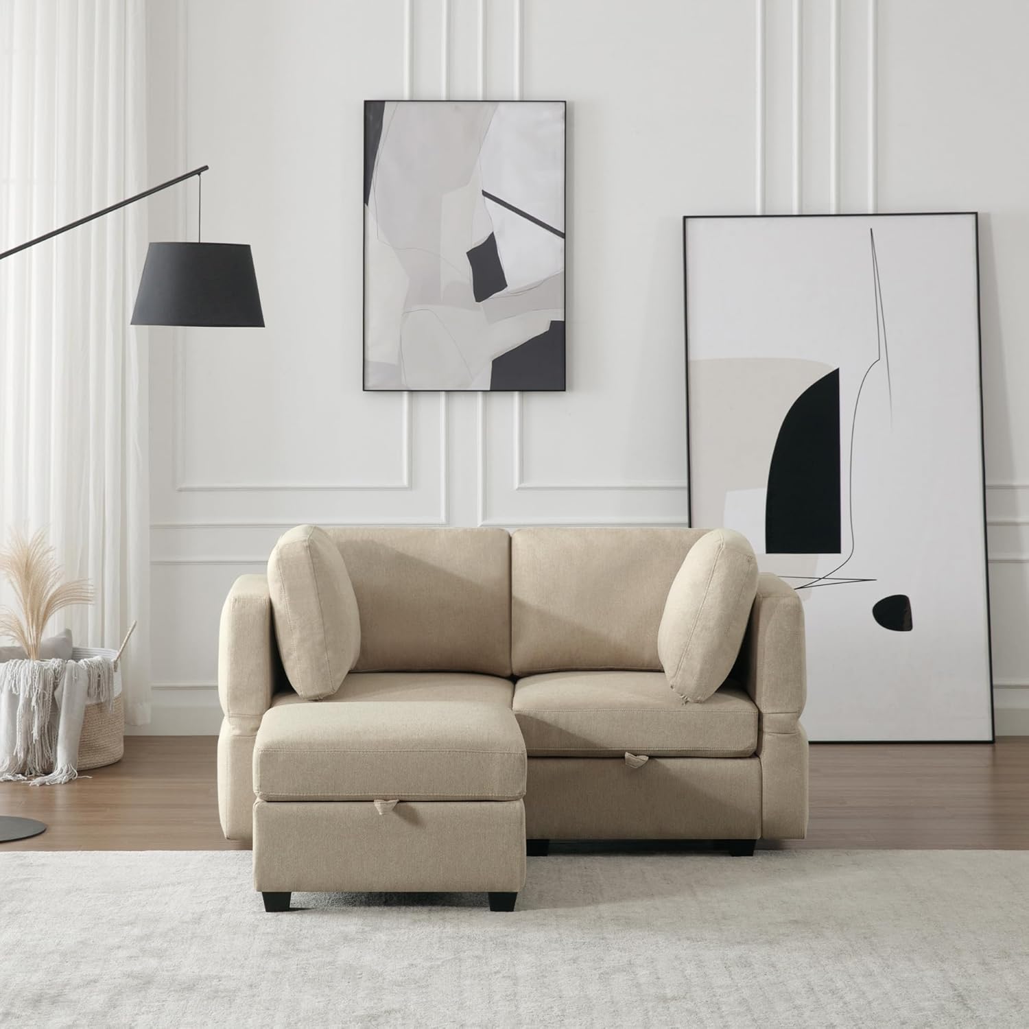 Space Saving Small Sectional Sofa with Ottoman, 2 Seater Sofa with 1 Ottoman, All Seats and Ottomans with Storage Function - Beige
