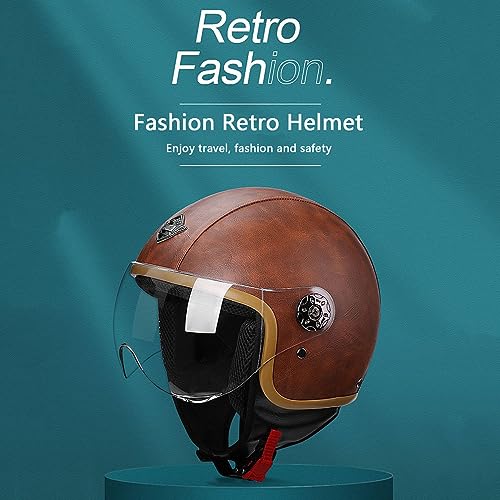 Built-in Bluetooth Motorcycle 3/4 Helmet, Leather Vintage Motorbike Open Face Half Helmet, DOT Approved Scooter Cruiser Jet Moped Electric Half Face Helmet Men Women Vespa Retro Helmet