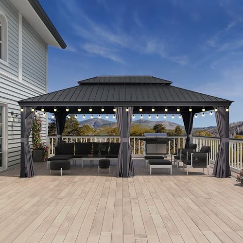 PURPLE LEAF 10' X 14' Permanent Hardtop Gazebo Aluminum Gazebo with Galvanized Steel Double Roof for Patio Lawn and Garden, Curtains and Netting Included, Grey