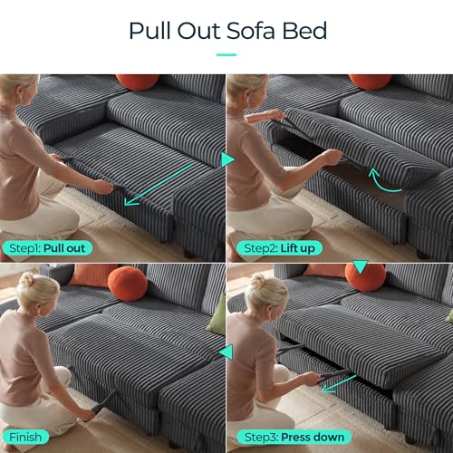 LINSY HOME Sectional Sleeper Sofa with Pull Out Couch Bed Convertible Plush Corduroy Cloud Couch with Storage Chaise & USB Charging, Comfy L Shaped Modular Couches for Living Room Apartment (Grey)