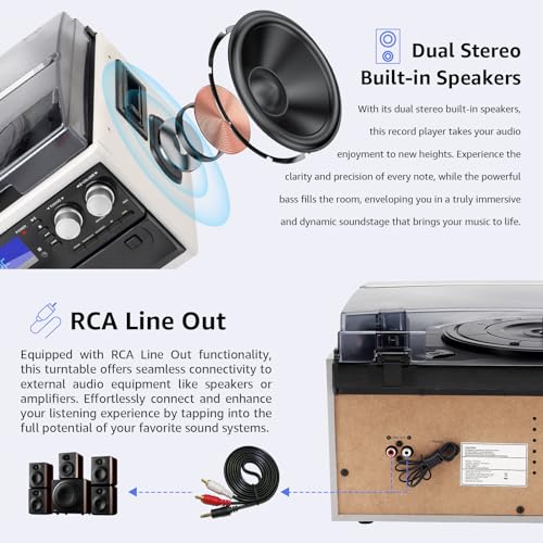 9 in 1 Record Player 3 Speeds Turntable with Seamless Bluetooth, Vinyl Phonograph with Built-in Powerful Speakers CD/Cassette, USB/SD/MMC, AM/FM Radio, AUX in/RCA Output, Black