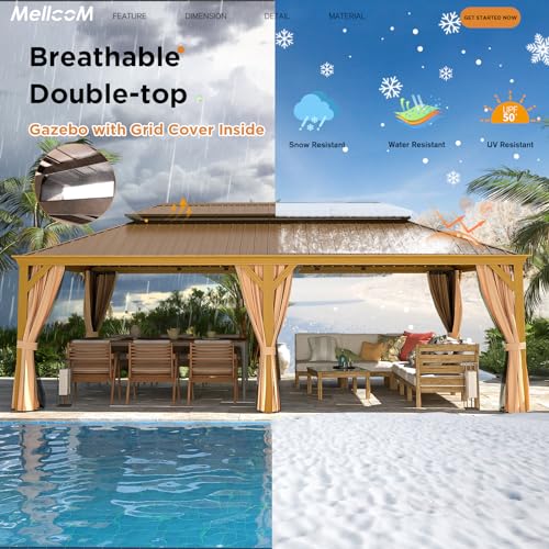 MELLCOM 12'x16' Hardtop Gazebo, Galvanized Steel Metal Double Roof Canopy with Curtains and Netting, Brown Permanent Pavilion Gazebos with Aluminum Frame for Garden, Patio, Lawns, Deck