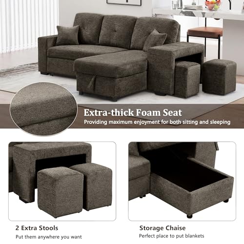 P PURLOVE Sectional Sofa with Pull-Out Sleeper Sofa Bed, Reversible Sectional Sofa with Storage Chaise and 2 Stools, L Shaped Couch Set for Living Room Apartment, Knox Charcoal