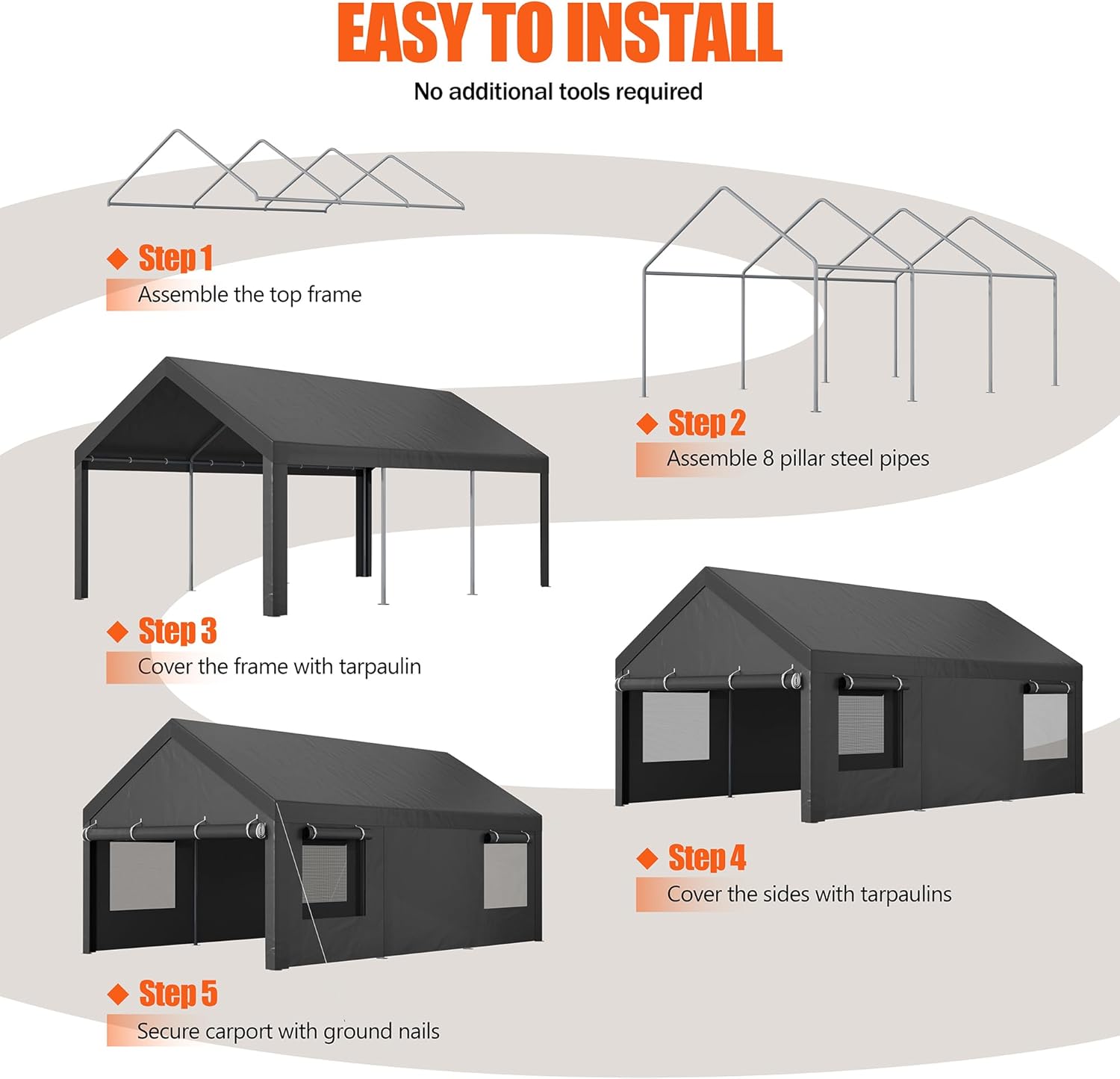 JAMFLY Carport, 10x18.5 ft Heavy Duty Car Canopy with Roll-up Windows, Portable Garage with Removable Sidewalls & Doors, Car Canopy with All-Season Tarp for Car, Truck, Boat