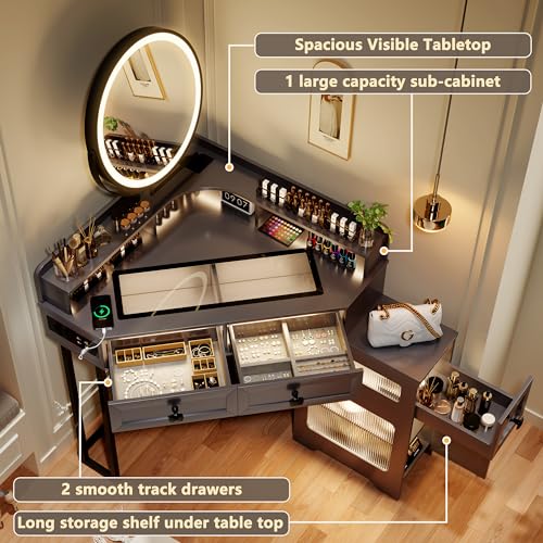 Corner Vanity with Mirror and Lights,Modern Makeup Vanity Set with Charging Station for Bedroom/Cloakroom,Glass Top Vanity Table with Drawers and Shelves,White