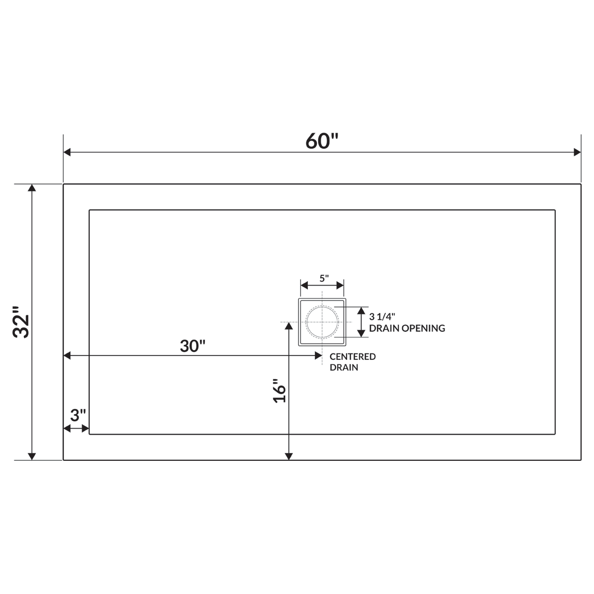 LessCare 60 x 32 Right Double Threshold Shower Pan Base Wall Corner Left Drain