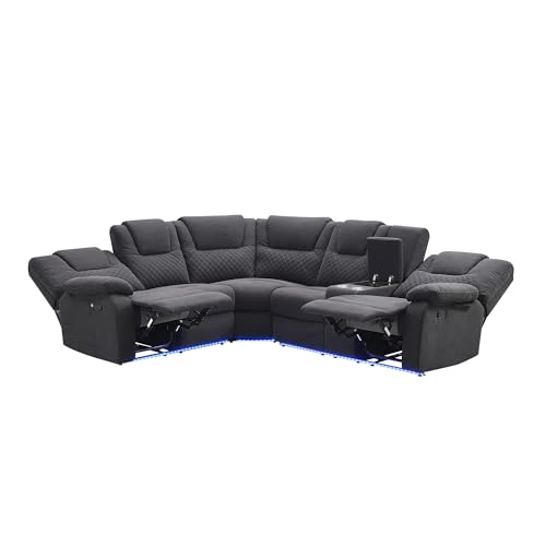 94'' L-Shaped Couch Sectional Sofa Couch, Manual Power Reclining Sectional Couch with LED Light and Storage Box, Velvet Triple Reclining Sofa with Two Cup Holders, Couches for for Living Room