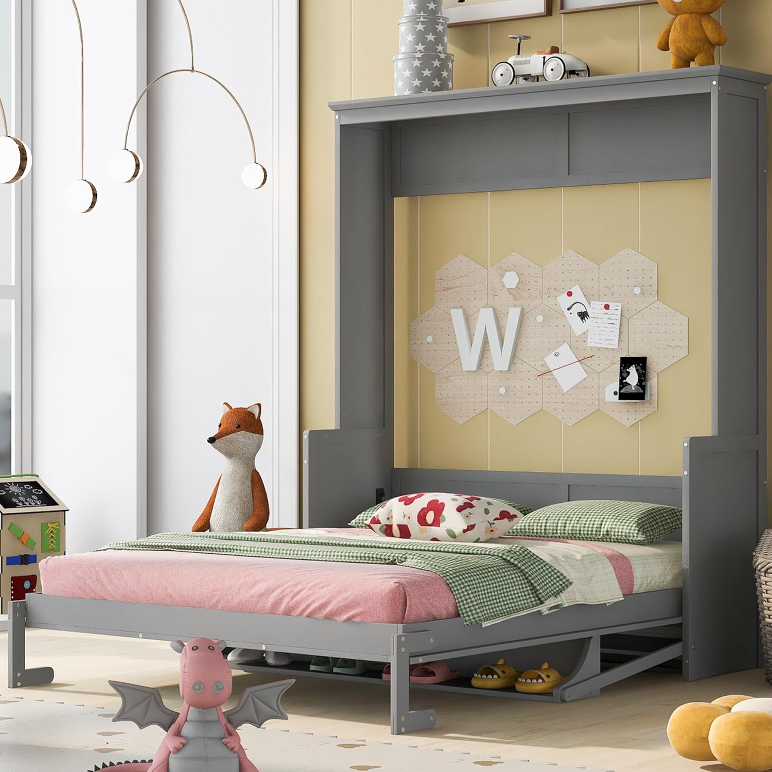 Queen Murphy Bed with a Shelf, Space-Saving Wall Bed for Guest Room or Home Office, Gray