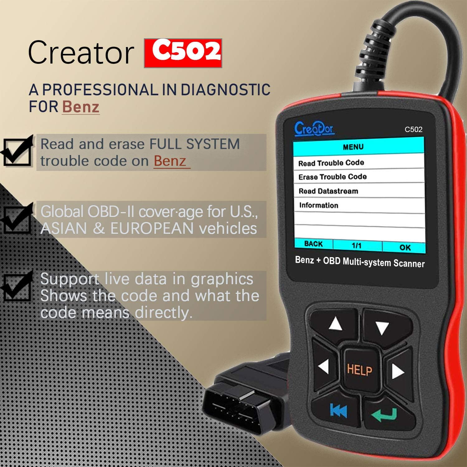 Creator OBD2 Scanner for Mercedes Benz ABS SRS Transmission Full System Diagnostic Scan Tool Professional Automotive Code Reader - Creator C502 [2022 Version]
