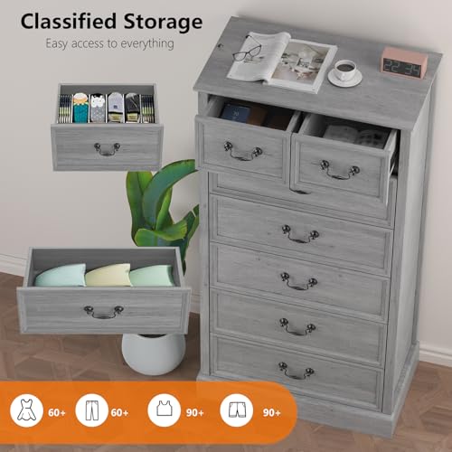 Farmhouse 7 Drawers Dresser for Bedroom, Wood Dresser Chest of Drawers Organizer Storage, Rustic Tall Dresser Chest of Drawer for Living Room, Closet, Hallway Children's Room