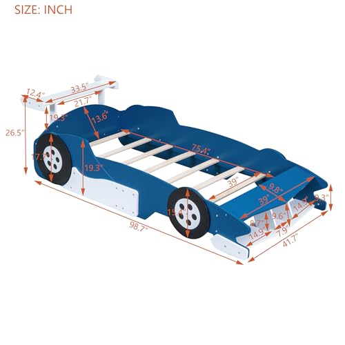 Twin Size Car Bed for Boys,Race Car-Shaped Wooden Platform Bedframe with Wheels & Safety Guardrail,Slats Support,Easy Assembly,Fun Play for Kids Toddlers Child's Bedroom,Yellow PU