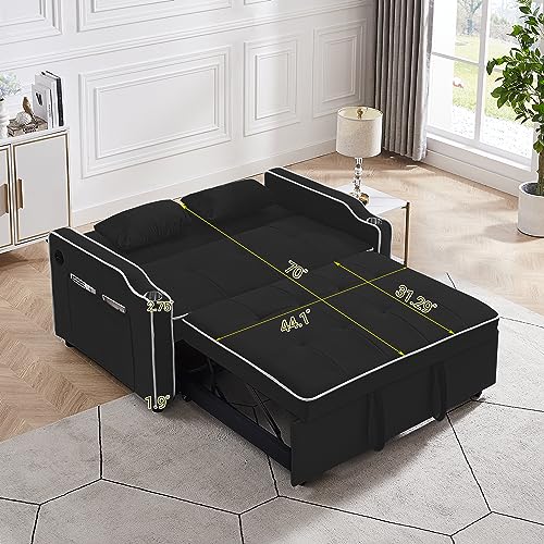 3 in 1 Convertible Sleeper Sofa Chair Bed with Adjustable Backrest USB Ports Cup Holder Side Pocket Pillow Velvet Folding Chaise Lounge for Apartment Living Room Guest Room Small Space Furniture Black