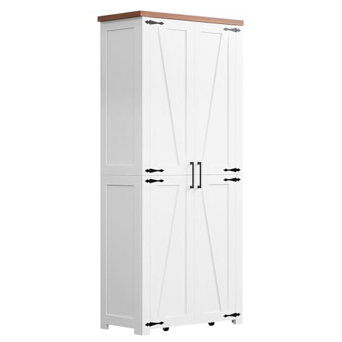 HollyHOME 72" Kitchen Pantry Cabinet, Storage Cabinet with 4 Doors and 1 Drawer, Freestanding Cupboard with Adjustable Shelves and 6 Door Shelves for Kitchen, Dining Room, Living Room, White