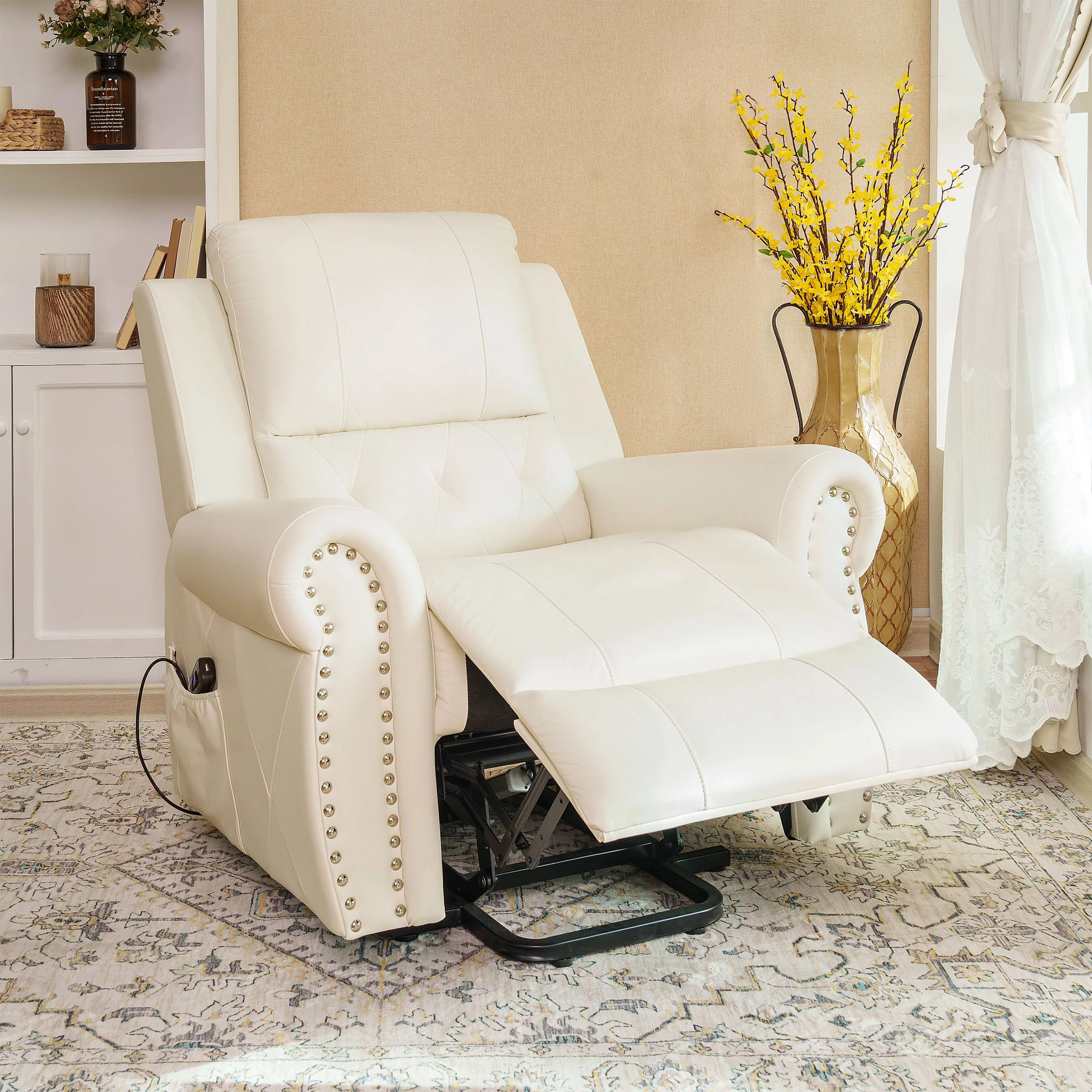 Tatiana Oversized Air Leather Power Lift Recliner Chair with Footrest. Reclining Chair with Remote Control, Premium Studded