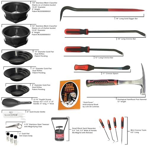 Complete Gold Mining Kit; Folding 50 inch Gold Sluice Box; Gold Prospecting Equipment; Rock Pick Hammer; Gold Classifiers; Pay Dirt Scoop; Crevice Tools and More