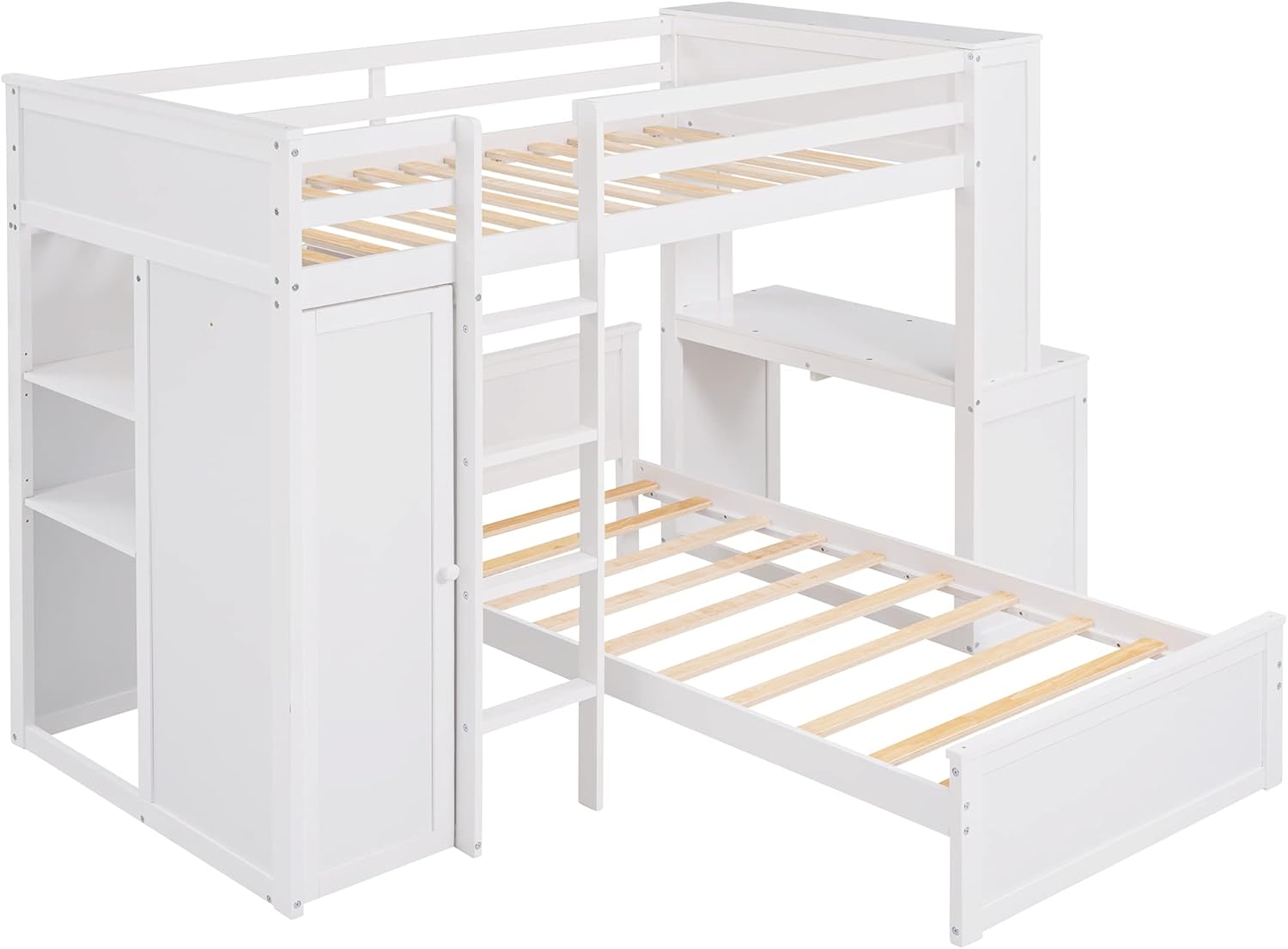 Twin Wooden Bunk Loft Bed with Shelves Desk and Wardrobe for Kids Teens Adults, White