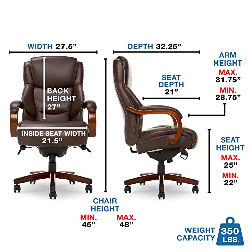 La-Z-Boy Delano Big & Tall Executive Office Chair, High Back Ergonomic Lumbar Support, Bonded Leather, Black with Weathered Gray Wood