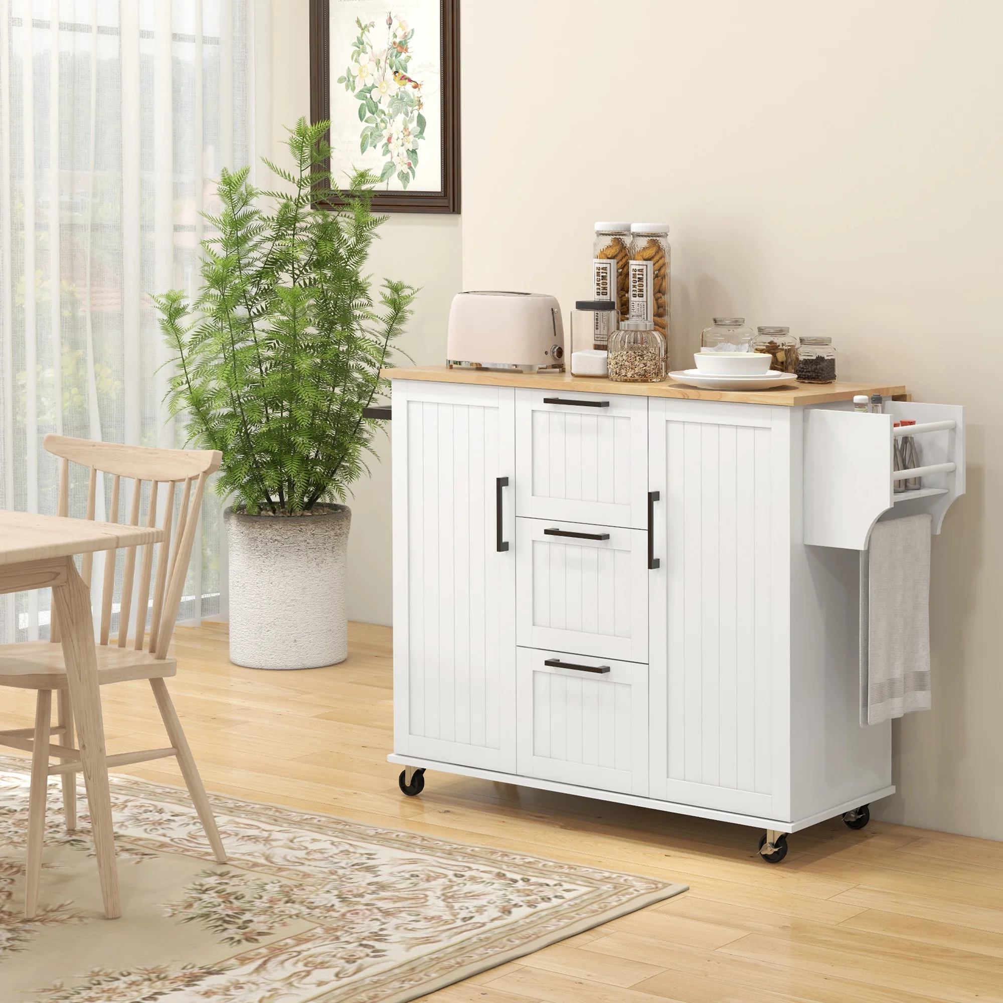 HOMCOM Kitchen Island on Wheels, Kitchen Cart with Drop Leaf, White