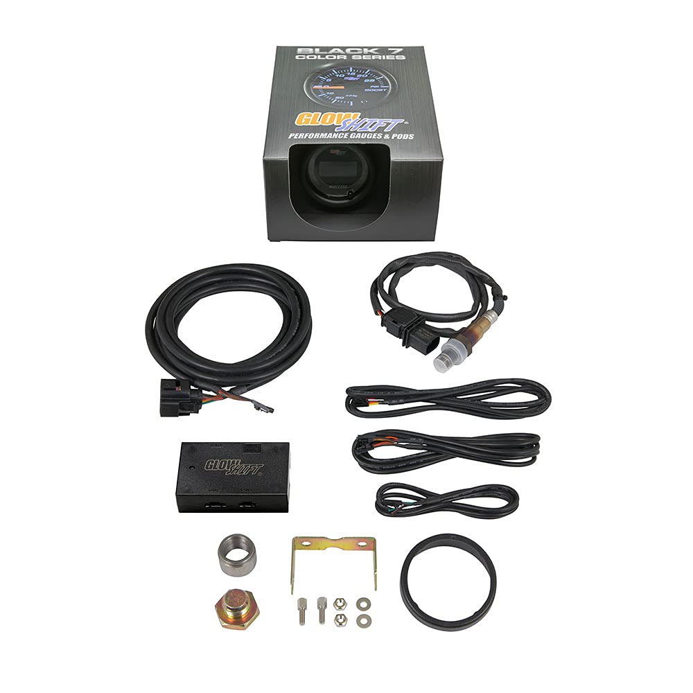 GlowShift Black 7 Color Digital Wideband Air / Fuel Ratio AFR Gauge Kit - Includes Oxygen Sensor, Data Logging Output & Weld-in Bung - Multi-Color LED Display - Clear Lens - 2-1/16" 52mm