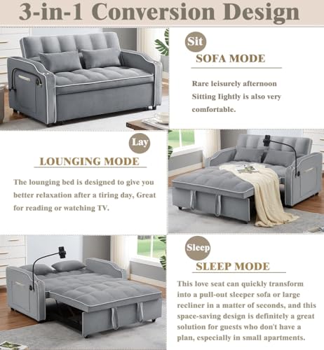3-in-1 Convertible Sofa Bed - Modern Velvet Sleeper Sofa Chair Bed with Pull Out Bed, Adjustable Backrest, Chaise Lounge with USB Ports, Cup Holder, Side Pocket and Pillows (Black)
