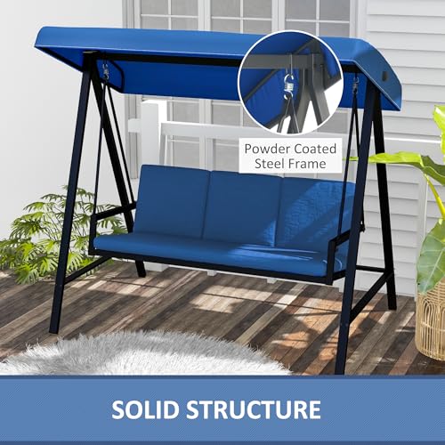 Outsunny 3-Seat Outdoor Porch Swing with Stand, Heavy Duty Patio Swing Chair with Adjustable Canopy, Removable Cushions, Breathable Mesh Seat for Garden, Backyard, and Poolside, Beige