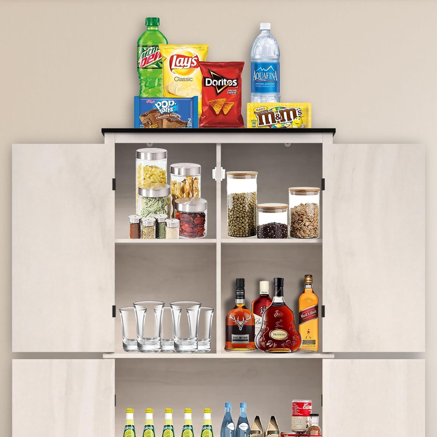63'' Farmhouse Kitchen Pantry Cabinet, Grey Food Storage Cabinet with 4 Doors and Shelves, Freestanding Pantry Cupboard for Kitchen, Dining Room, Living Room