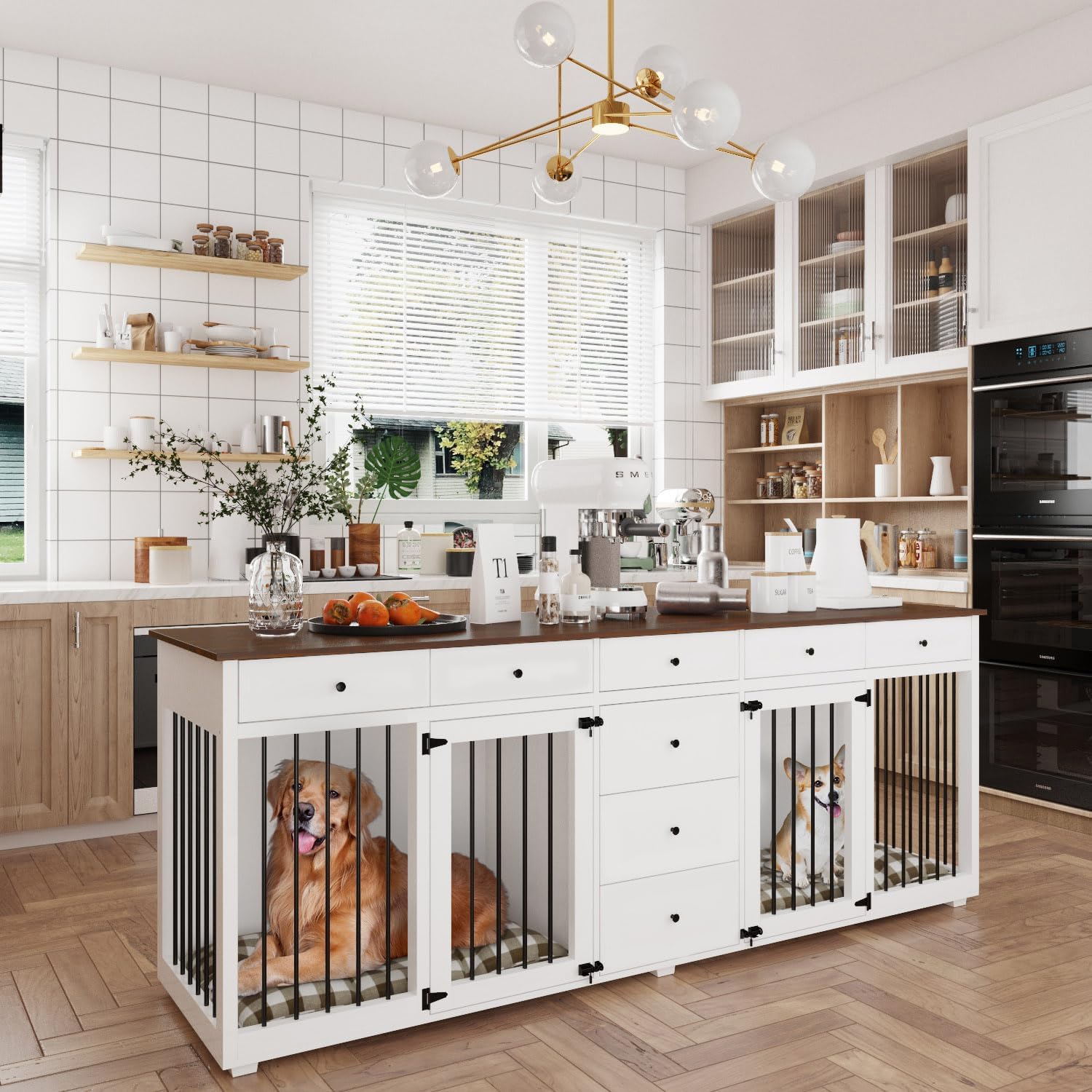Lovinouse Large Dog Crate Furniture for 2 Dogs, 89" Heavy Duty Wooden Dog Kennel with 8 Drawers, Indoor Furniture Style Dog Kennel with Double Rooms for Large Medium Dogs, White