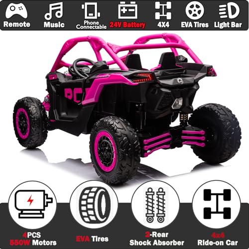 NEWQIDA 2 Seater Ride On Car with Remote Control 24V 4WD Electric Car for Kids 4x4 Ride on Truck Licensed Can Am Maverick UTV Ride On Toys for Big Kids, EVA Rubber Wheels, Spring Absorbers, Blue