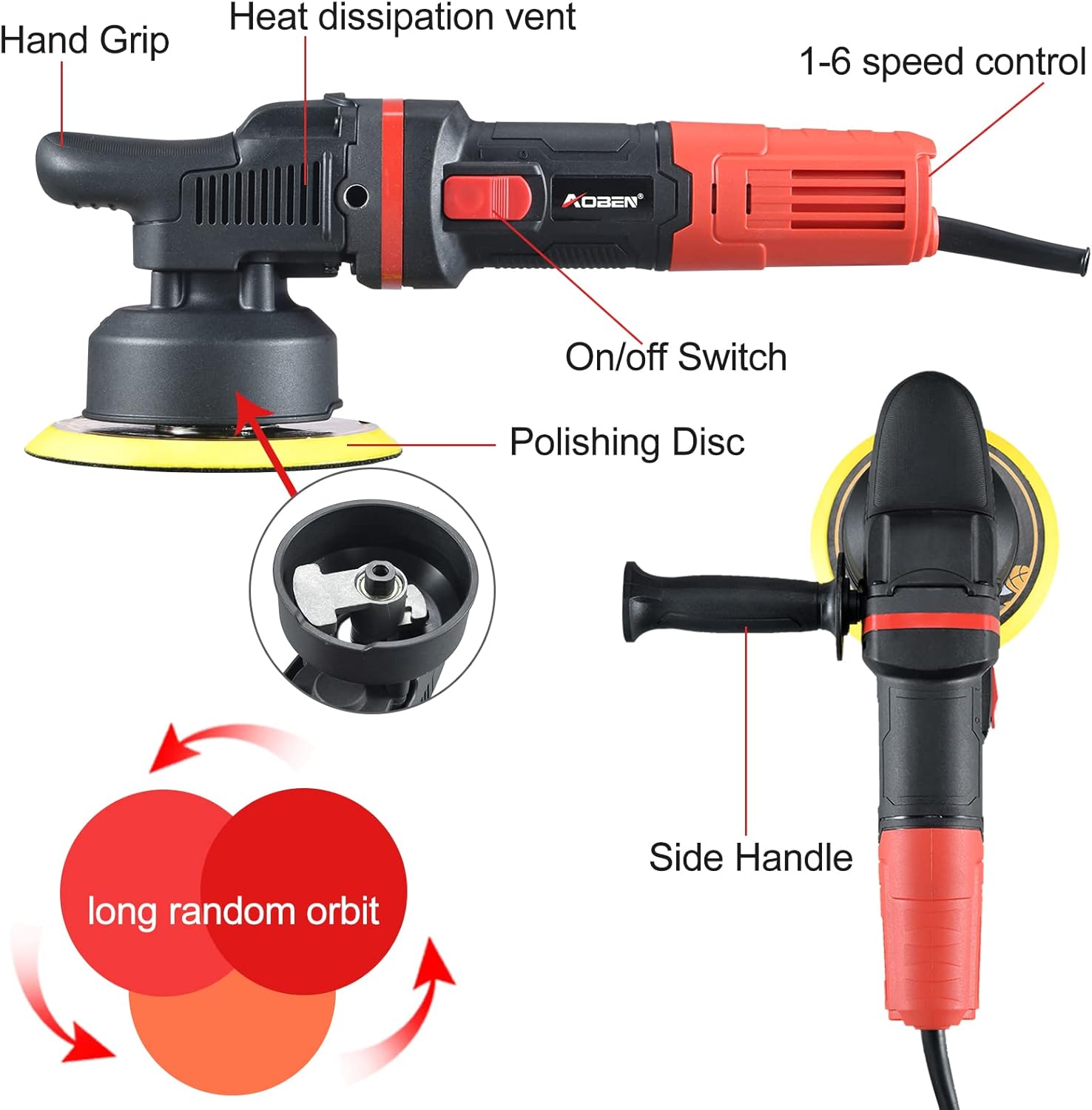 AOBEN Car Buffer Polisher,6 inch Dual Action Polisher,Random Orbit Buffer Polisher kit with 6 Variable Speed 0-4500rpm,Detachable Handle,4 Buffing Pads for Car detailing Polishing and Waxing