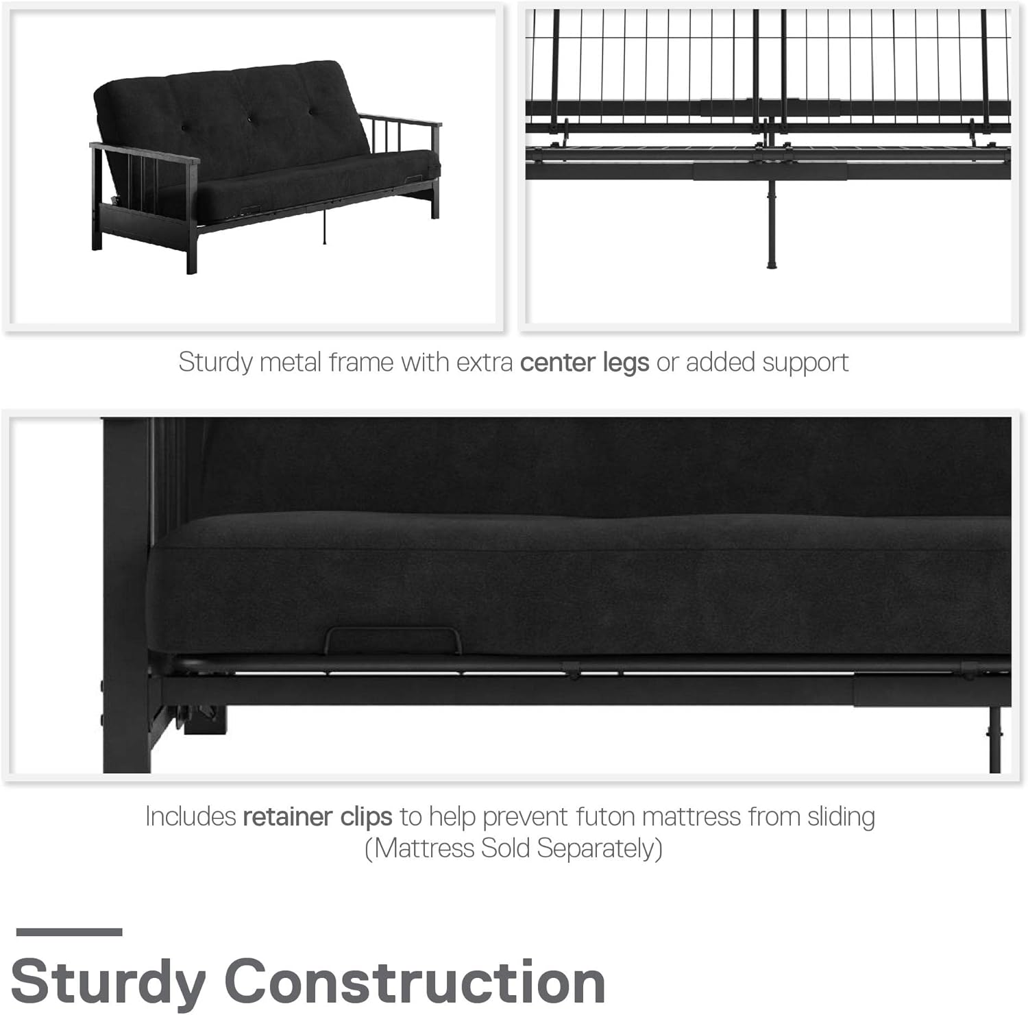 REALROOMS Bretta Contemporary Black Metal Arm Futon Frame