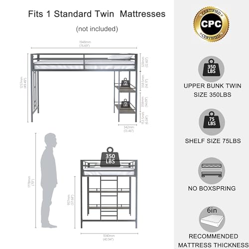 Twin Size Loft Bed with Desk and Storage Stairs, Heavy Duty Metal Loftbed Frame w/Safety Guardrail for Kids, Teens, Adults, No Box Spring Needed, Space-Saving Design, Black