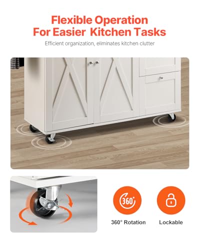 VEVOR Kitchen Island Cart with Solid Wood Top, 35.4" Width Mobile Carts with Storage Cabinet, Rolling Kitchen Table with Spice Rack, Towel Rack, and Drawer, Portable Islands on Wheels, White