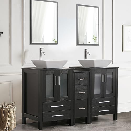 60" Double Vanity (2 * 24" Vanity,2* Porcelain Vessel Basin Sink,1 * 12" Side Cabinets),Double Bathroom Vanity Top with Porcelain White Sink,1.5 GPM Faucet/Drain Parts/Mirror Includes