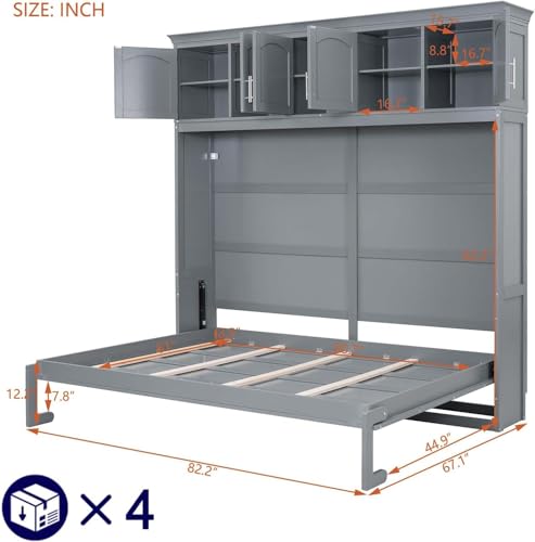 MERITLINE Queen Horizontal Murphy Bed Cabinet with Storage Bookcase Shelves and Charging Station,Wood Folding Grey Murphy Wall Bed for Adult