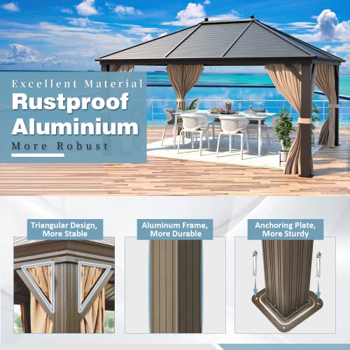 MELLCOM 12'x16' Hardtop Gazebo, Galvanized Steel Metal Double Roof Canopy with Curtains and Netting, Brown Permanent Pavilion Gazebos with Aluminum Frame for Garden, Patio, Lawns, Deck