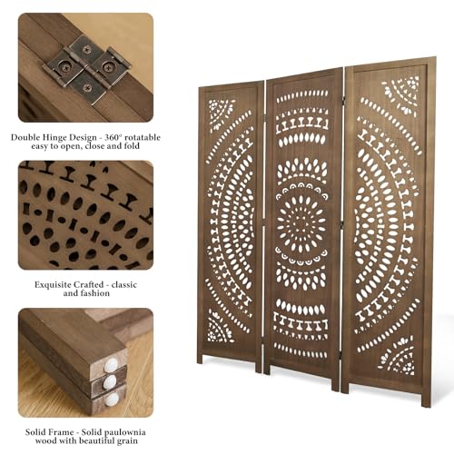 Room Divider Wood Carved Wall Divider Indoor Folding Bohemian Style Portable Partition Screen for Home Office Garden Terrace - 6 Panels (Antique, White-Washed)