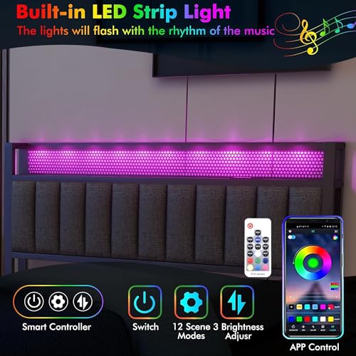 Queen Bed Frame with Storage Headboard and Footboard, Metal Platform Upholstered Bed Frame Queen Size with Charging Station, USB Ports and RGB LED Lights, No Box Spring Needed, Gray Queen Bed