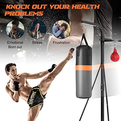 GYMAX Punching Bag with Stand Adult, Freestanding Boxing Machine with Height Adjustable Speed Ball & Sandbag, Pre Filled Heavy Punching Bag for Adults, Kickboxing Bag for Training MMA Muay Thai