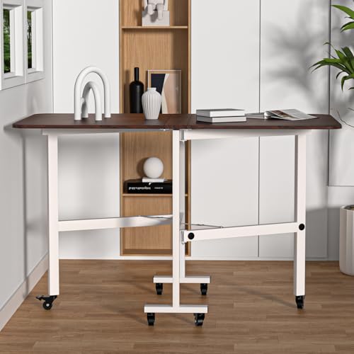 Folding Dining Table,Drop Leaf Dining Table,Foldable Expandable Table,Solid Wooden Foldable Workstation Desk with 6 Wheels,Rectangular Table for Kitchen Bedroom Living Room Bistro Brown