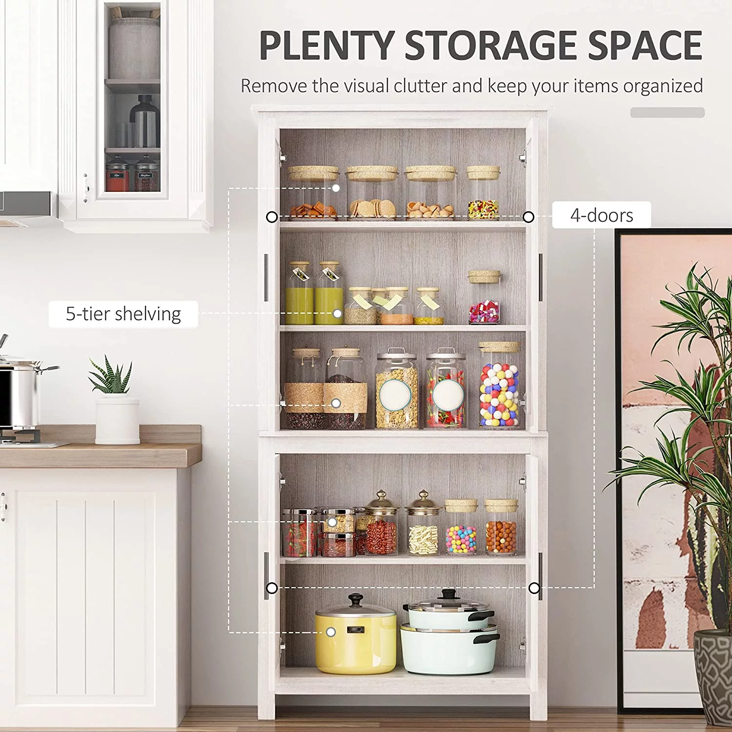 64" 4-Door Kitchen Pantry, Freestanding Storage Cabinet with 3 Adjustable Shelves for Kitchen, Dining or Living Room, Oak