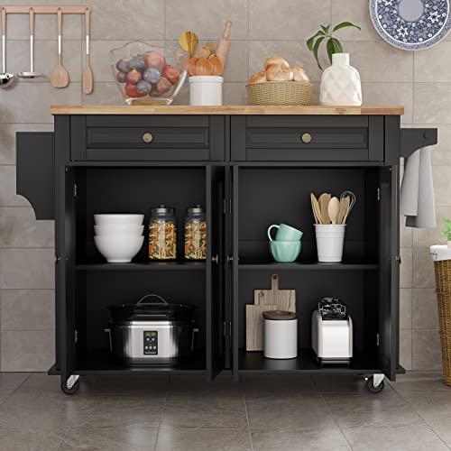 Rolling Kitchen Island with Drop Leaf – Movable Kitchen Carts on Wheels Island with Storage Cabinet, Island Table for Kitchen with Rubber Wood Top and Rack and Drawers, Matte, White