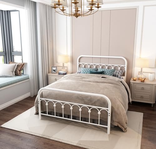YALAXON Vintage Sturdy Queen Size Metal Bed Frame with Headboard and Footboard Basic Bed Frame No Box Spring Needed (Queen,White)
