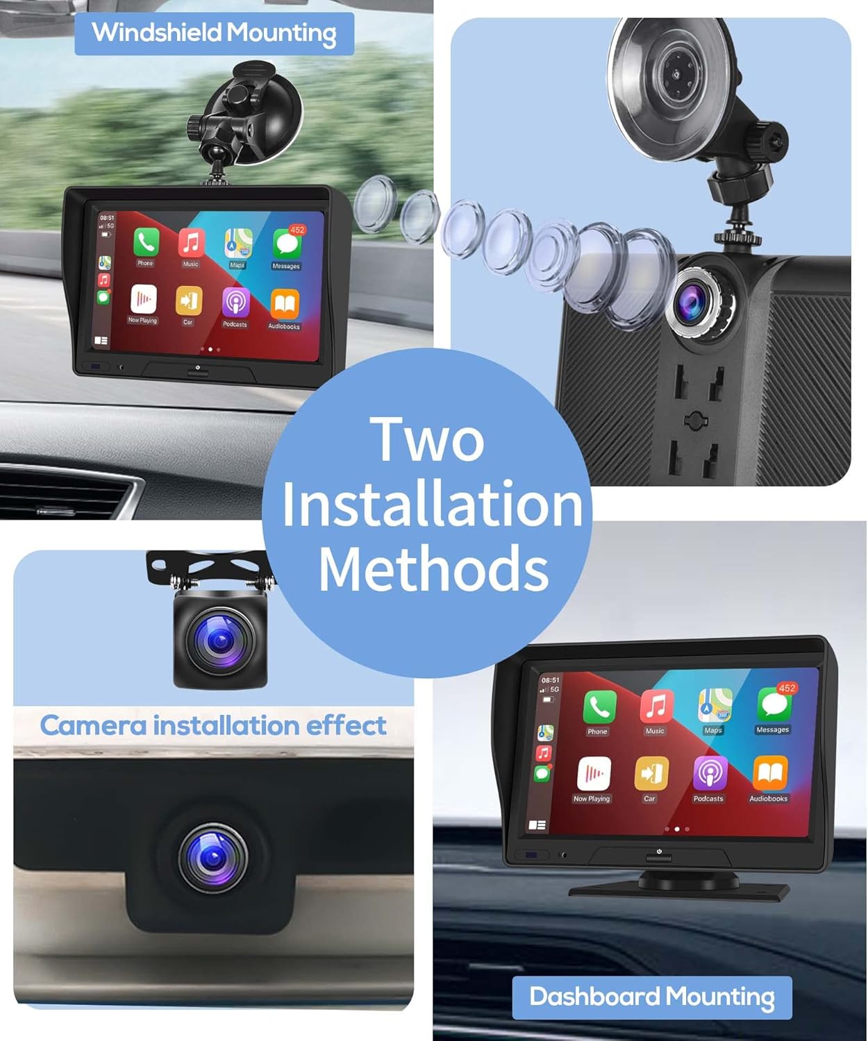 Portable Bluetooth Car Stereo Carplay Android Auto Reversing Monitor Kit, 7" Vehicle Backup Camera Set Driving Recorder Support 2 Split Screen/Bluetooth/DVR Loop Recording/Voice Control DC 9V-36V